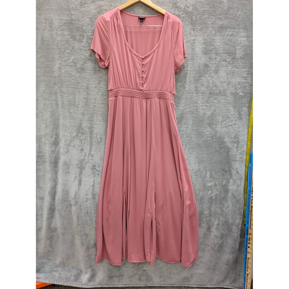 Boho Maxi Dress Women 00 Pink Smocked Waist V-Neck Short Sleeve Slit Skirt